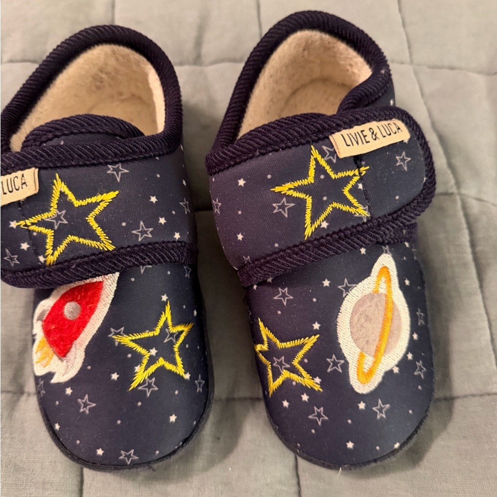 Livie & Luca Navy Space Velcro Kids Slippers with Yellow Star Embroidery
